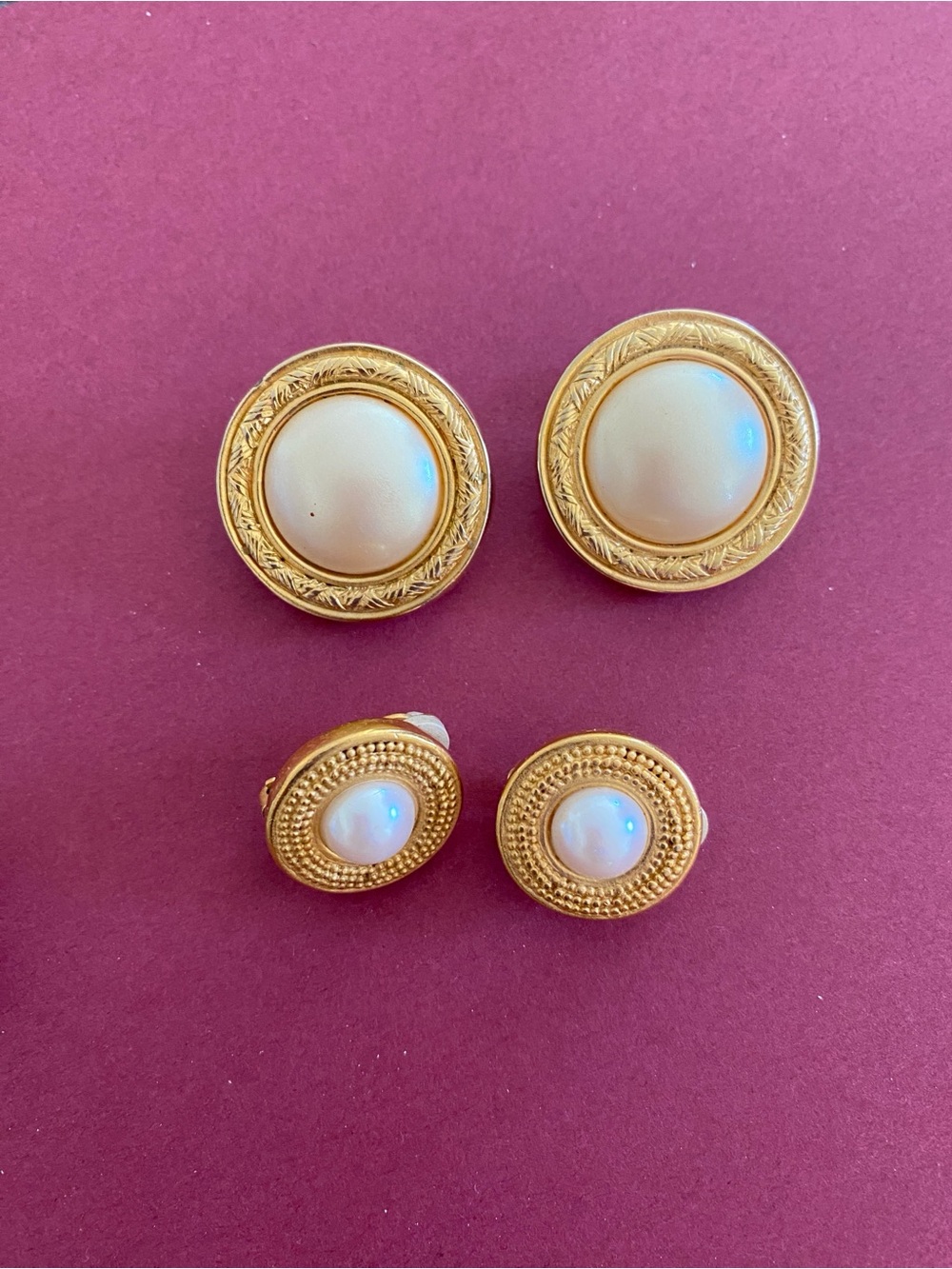Set of Vintage Gold-Tone Faux Pearl Button Earrings - Clip-on